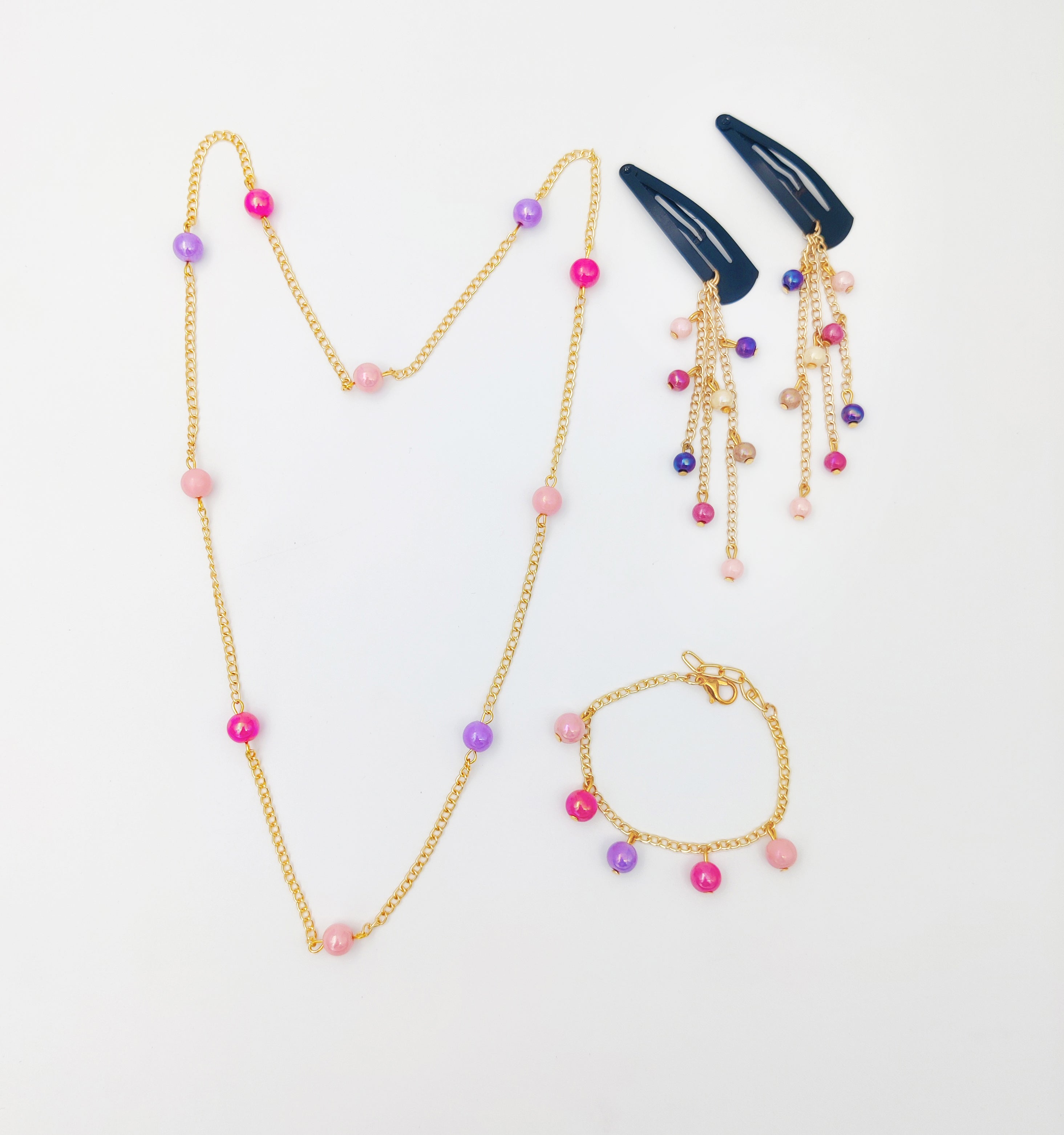 Image of Candy Shop Gift Set Of Necklace, Bracelet, 1 Pair Dangling Bead Clips & Pearl Embellished Pair of 2 Clips