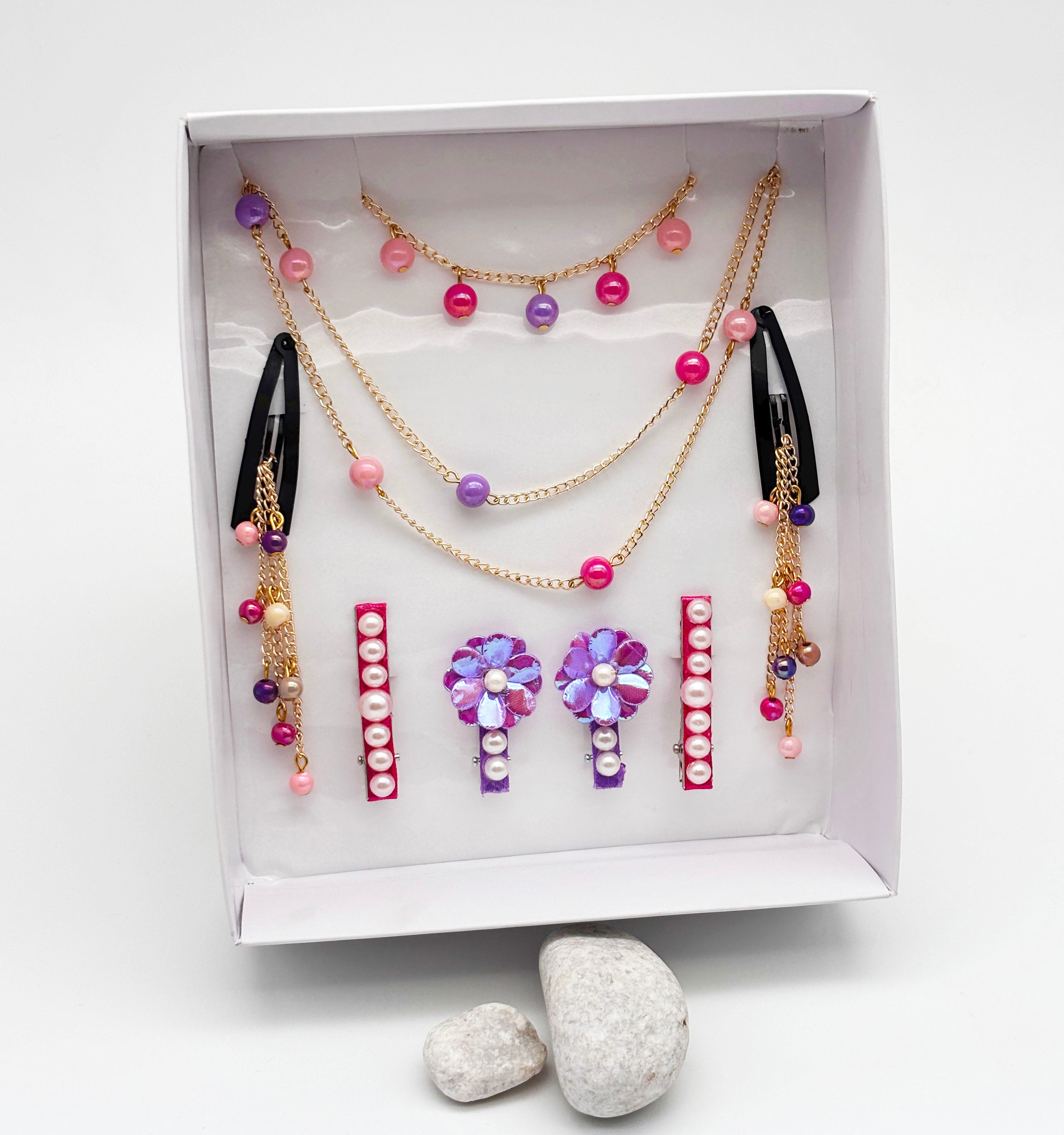 Image of Candy Shop Gift Set Of Necklace, Bracelet, 1 Pair Dangling Bead Clips & Pearl Embellished Pair of 2 Clips