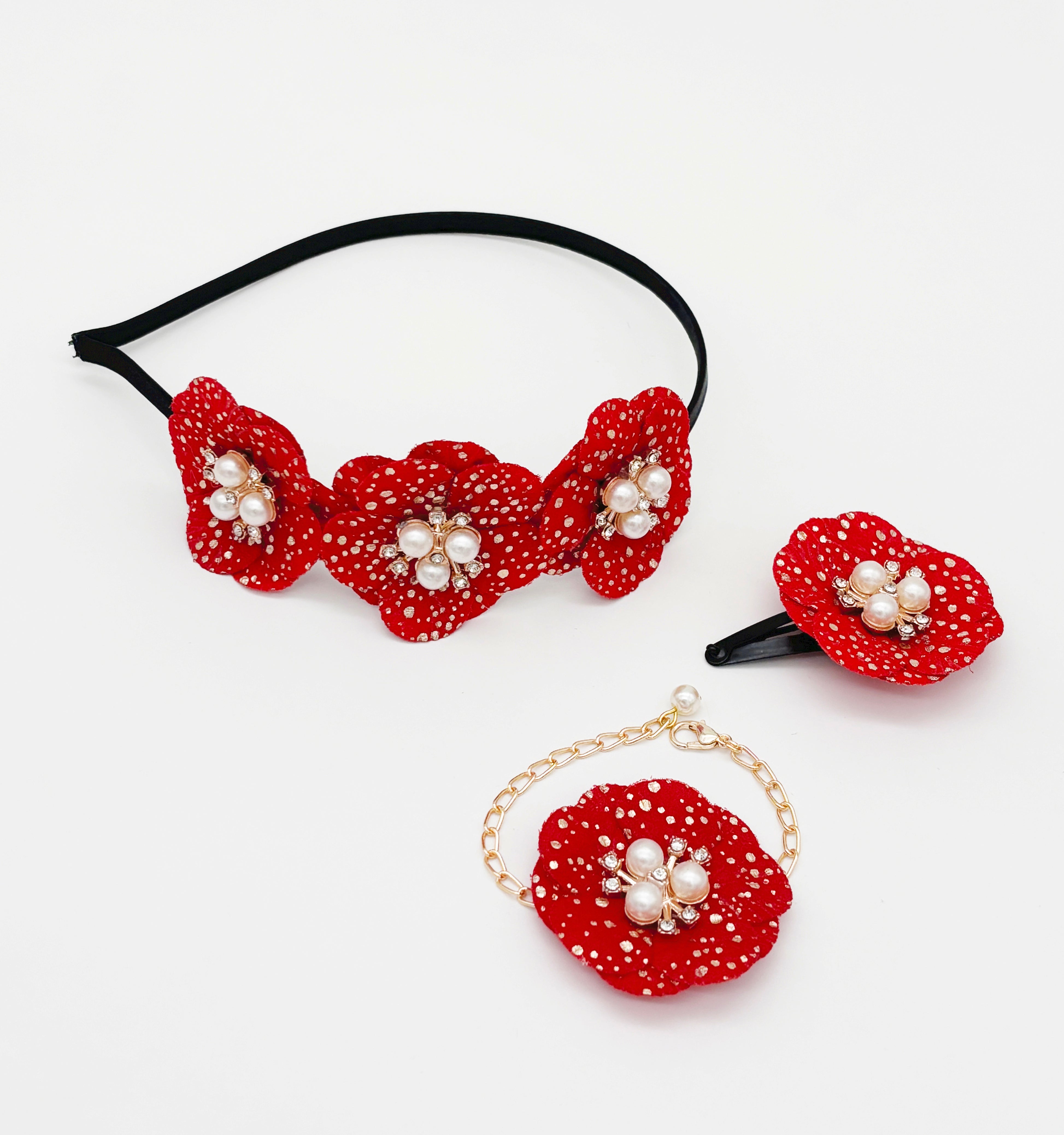 Gift Set Of Flower & Pearls Embellished Hairband, Bracelet, Hair Clip, Clip on Earrings & Dangling Sunflower Clip