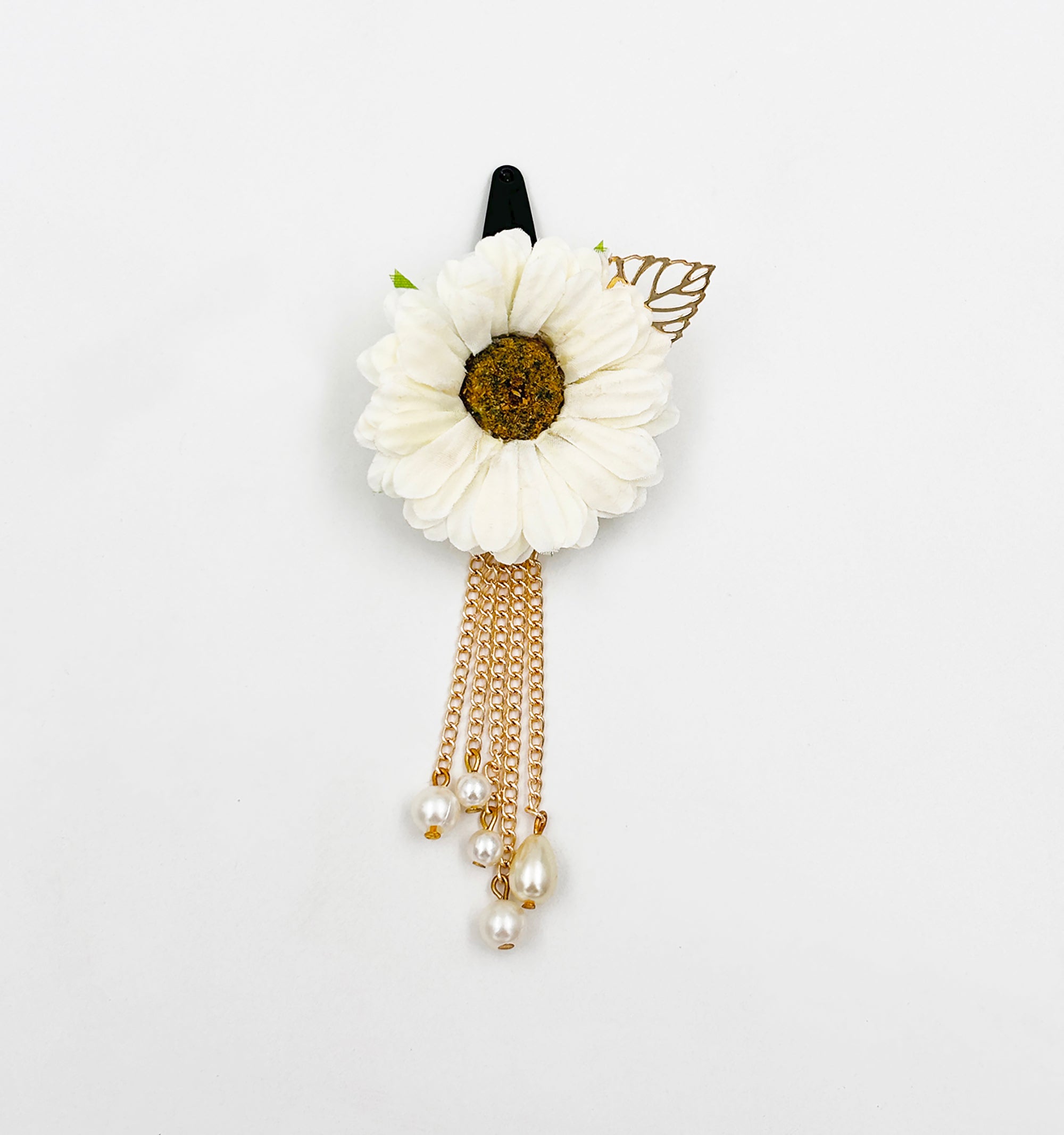 Image of Gift Set Of Flower & Pearls Embellished Hairband, Bracelet, Hair Clip, Clip on Earrings & Dangling Sunflower Clip