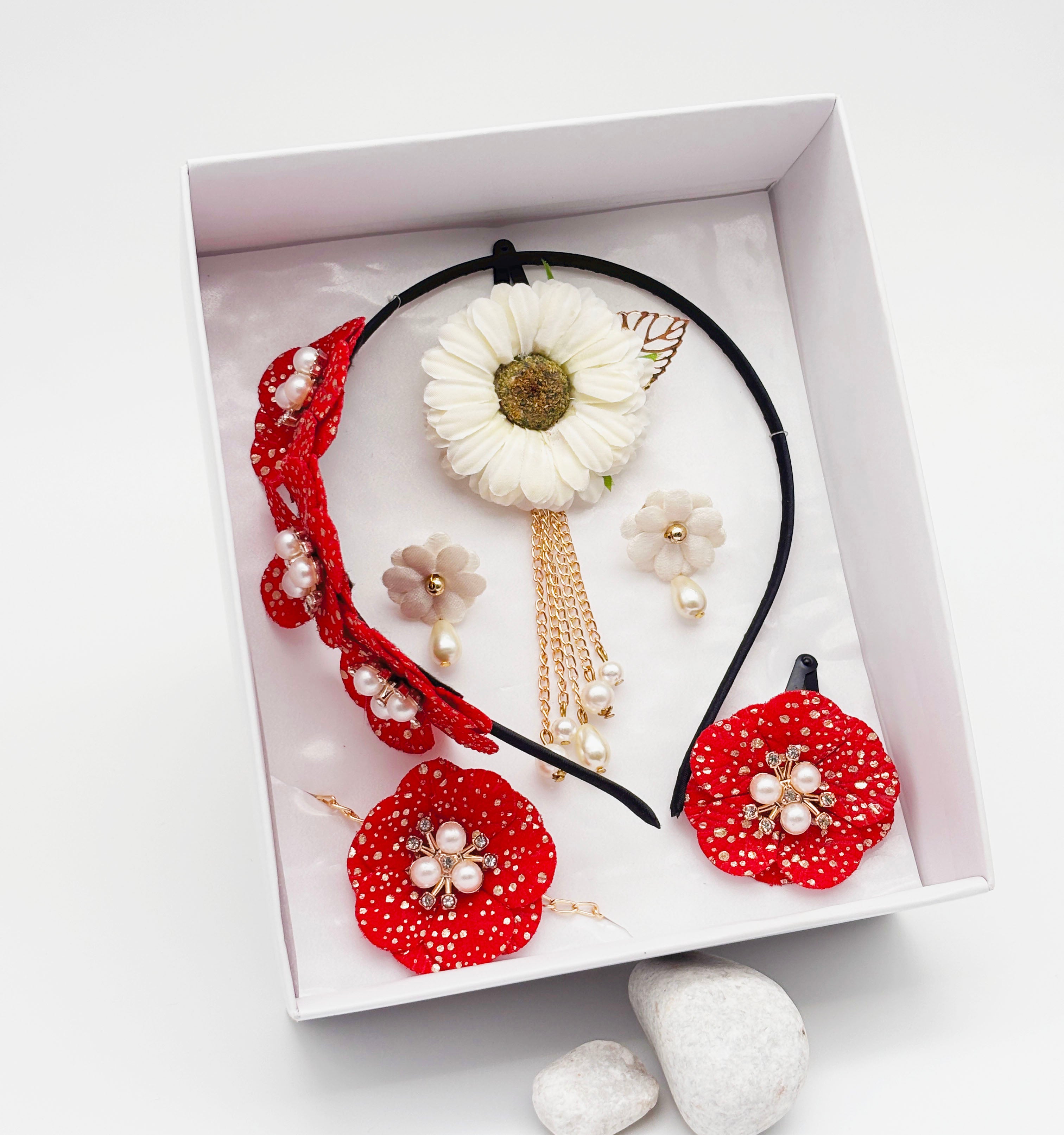 Image of Gift Set Of Flower & Pearls Embellished Hairband, Bracelet, Hair Clip, Clip on Earrings & Dangling Sunflower Clip