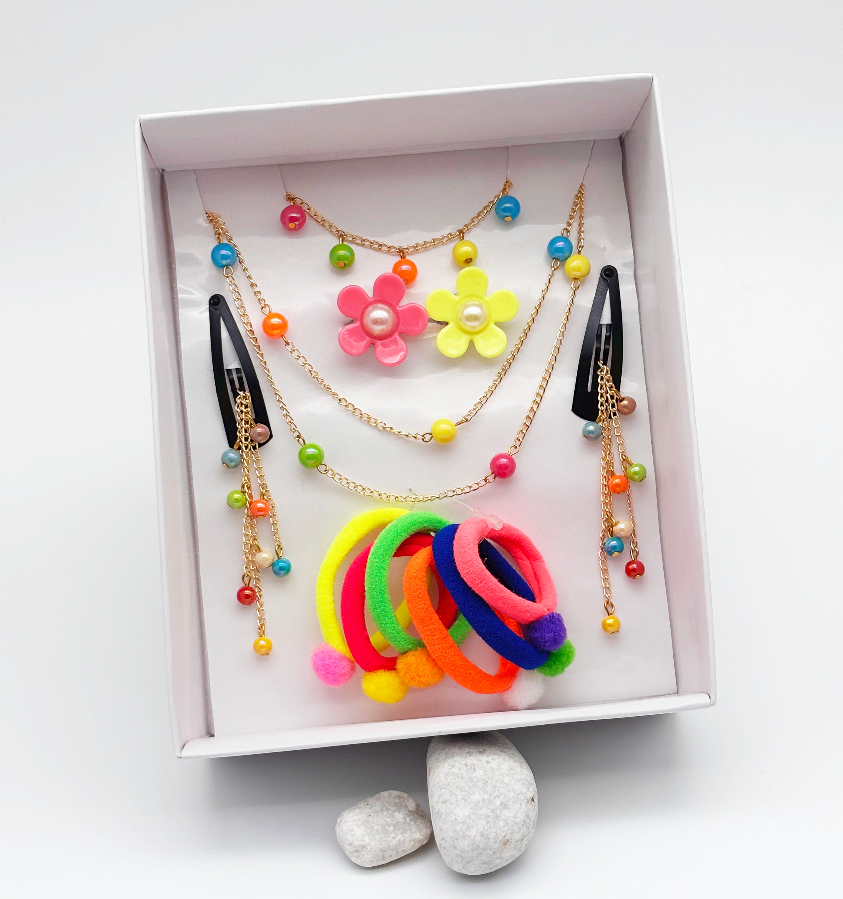 Gift Set Of Beaded Necklace, Bracelet & Dangling Clips, 2 Finger Rings & 6 Pom Pom Rubberbands