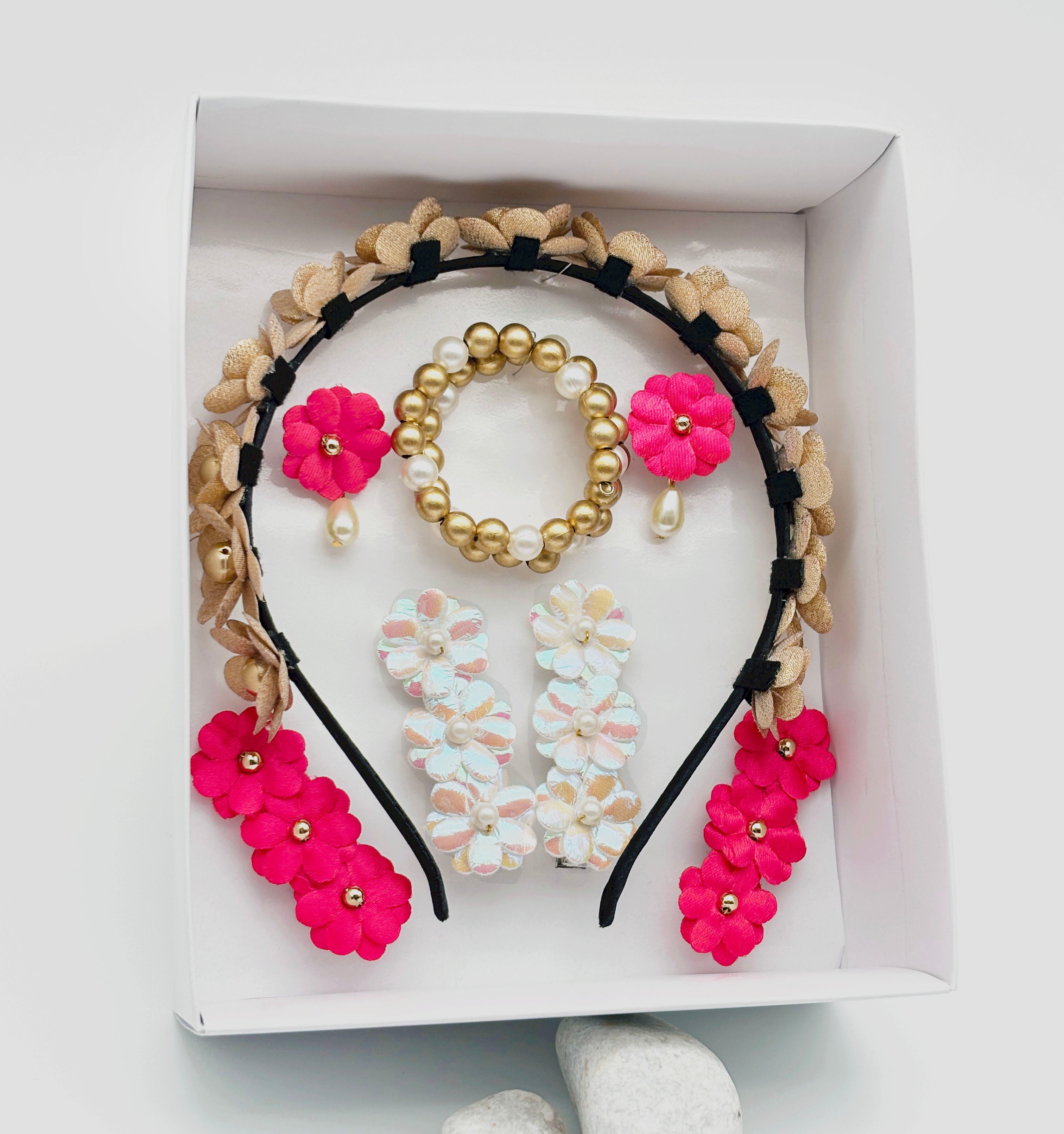 Image of Gift Set Of Tiara Headband, Spiral Bracelet, 2 Pairs Floral Hair Clips & Clip On Earrings