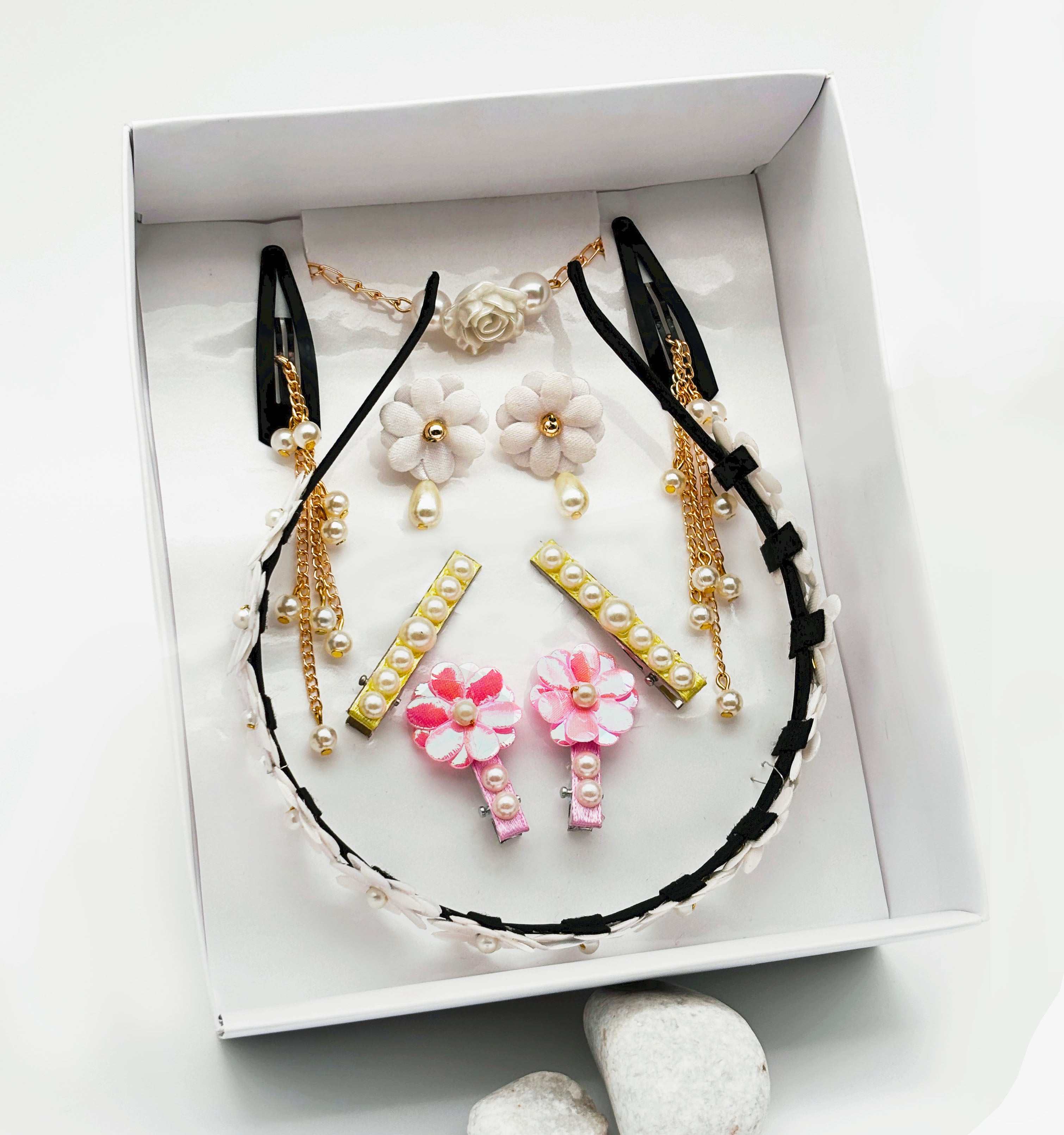 Gift Set Of Tiara Headband, Dangling Pearl Clips, 2 Pairs Pearl Hair Clips & Clip On Earrings