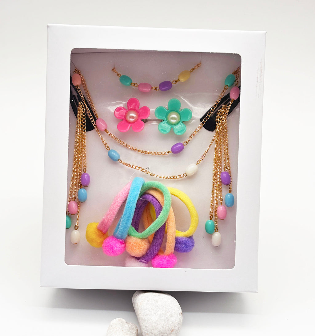 Gift Set Of Pastel Beaded Necklace, Bracelet & Dangling Clips, 2 Finger Rings & 6 Pom Pom Rubberbands