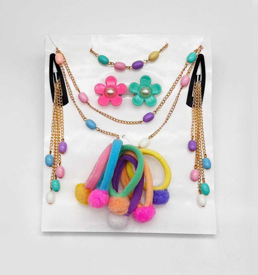 Gift Set Of Pastel Beaded Necklace, Bracelet & Dangling Clips, 2 Finger Rings & 6 Pom Pom Rubberbands