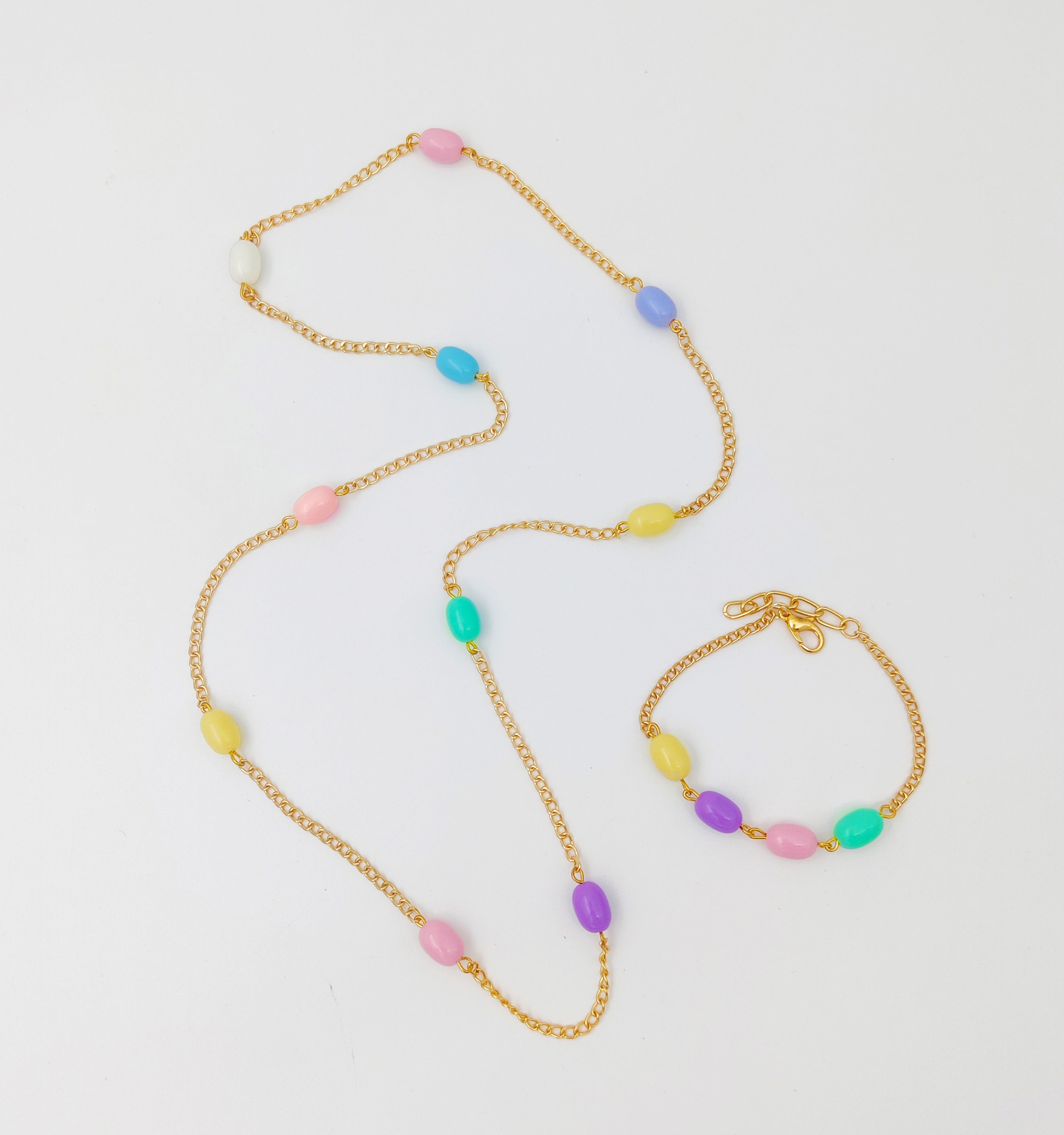 Gift Set Of Pastel Beaded Necklace, Bracelet & Dangling Clips, 2 Finger Rings & 6 Pom Pom Rubberbands