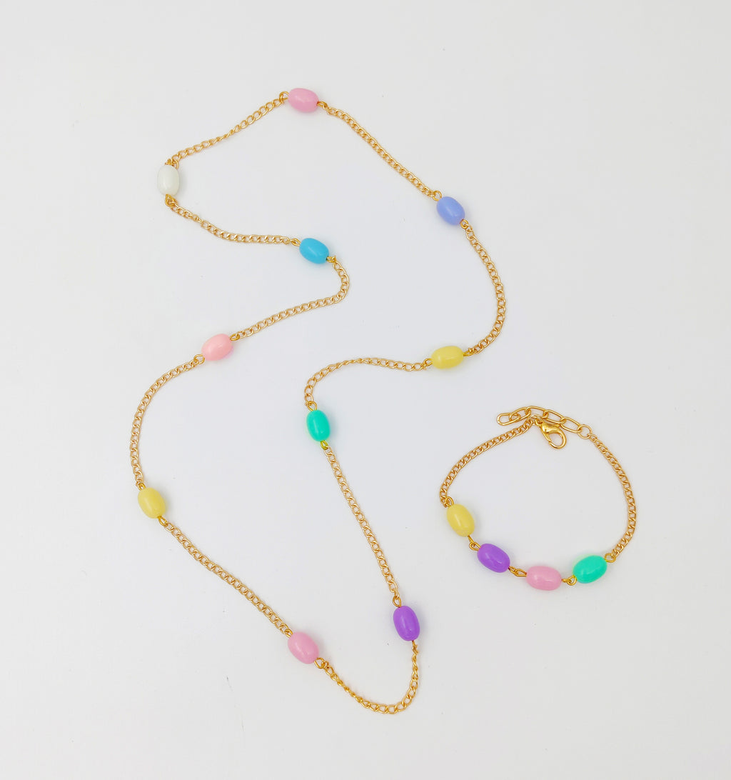 Gift Set Of Pastel Beaded Necklace, Bracelet & Dangling Clips, 2 Finger Rings & 6 Pom Pom Rubberbands