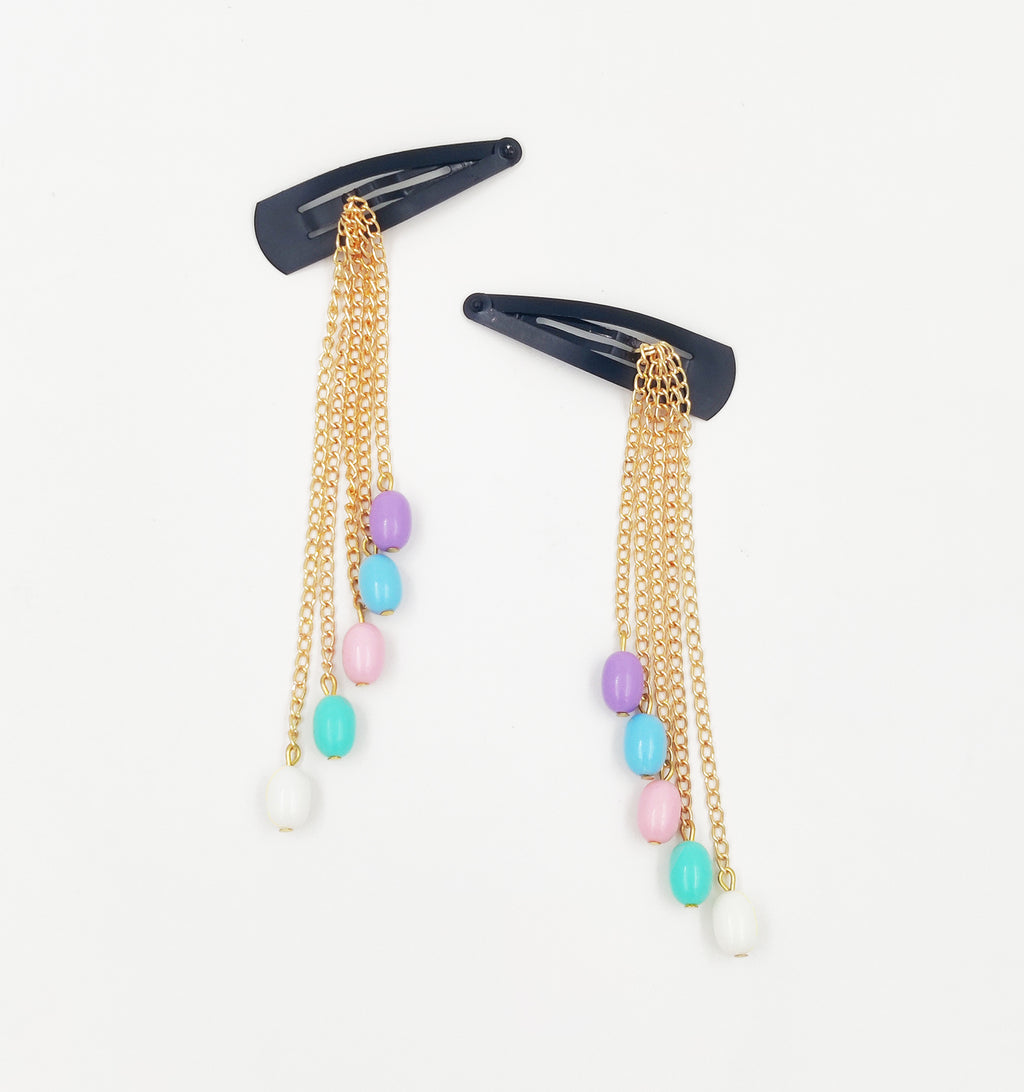 Gift Set Of Pastel Beaded Necklace, Bracelet & Dangling Clips, 2 Finger Rings & 6 Pom Pom Rubberbands