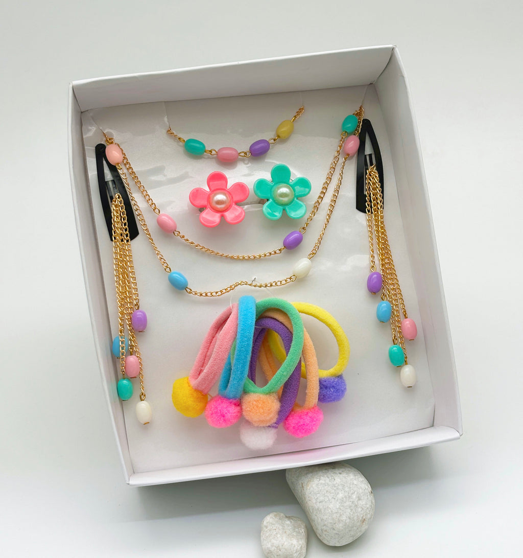 Gift Set Of Pastel Beaded Necklace, Bracelet & Dangling Clips, 2 Finger Rings & 6 Pom Pom Rubberbands
