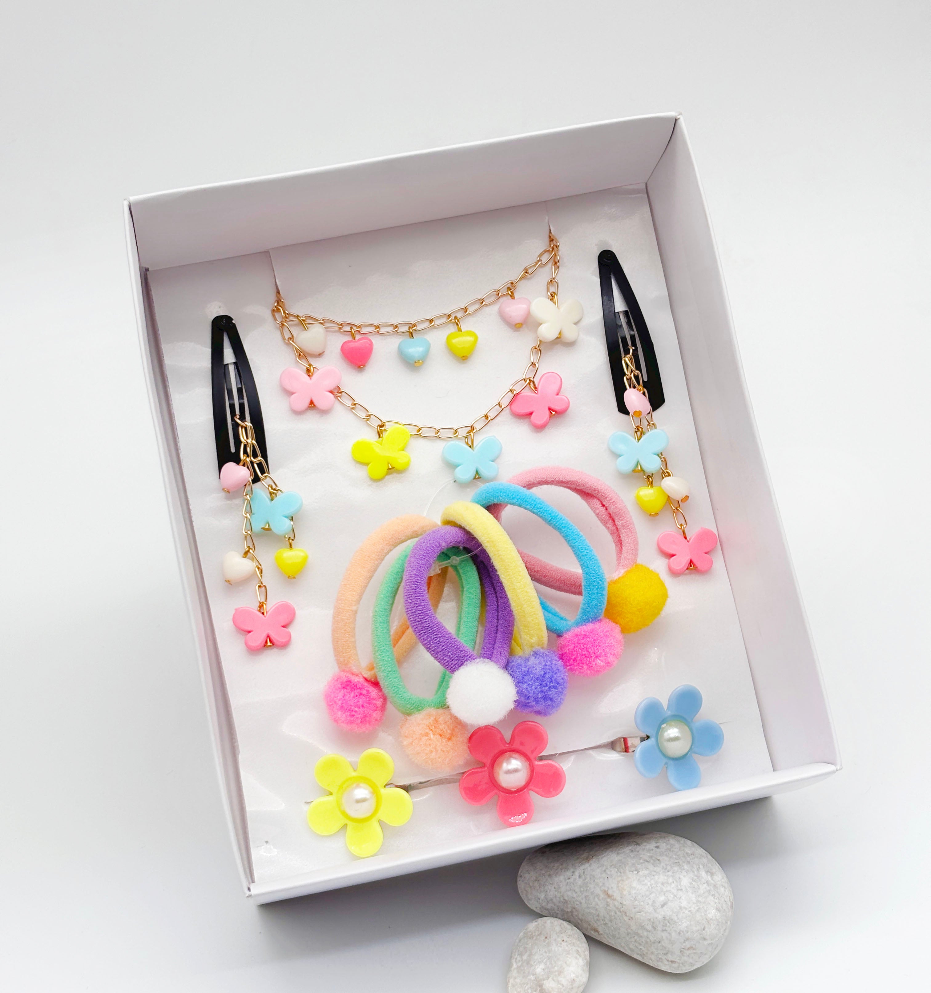Gift Set Of Butterfly, Hearts Beaded Necklace, Bracelet & Dangling Clips, 3 Finger Rings & 6 Pom Pom Rubberbands