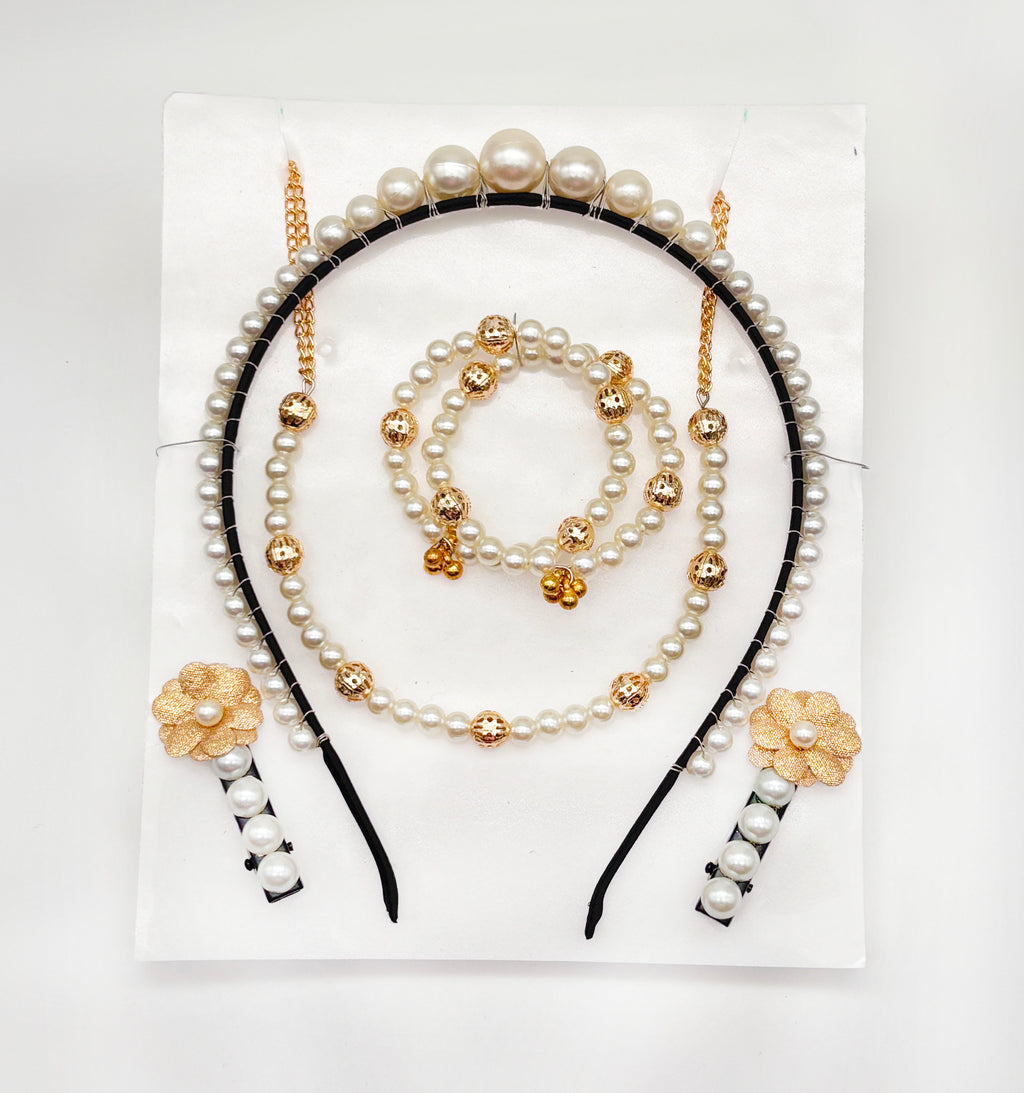 Gift Set Of All Pearls Necklace, 2 Bracelets, Hair Band & a pair of Hair Clips