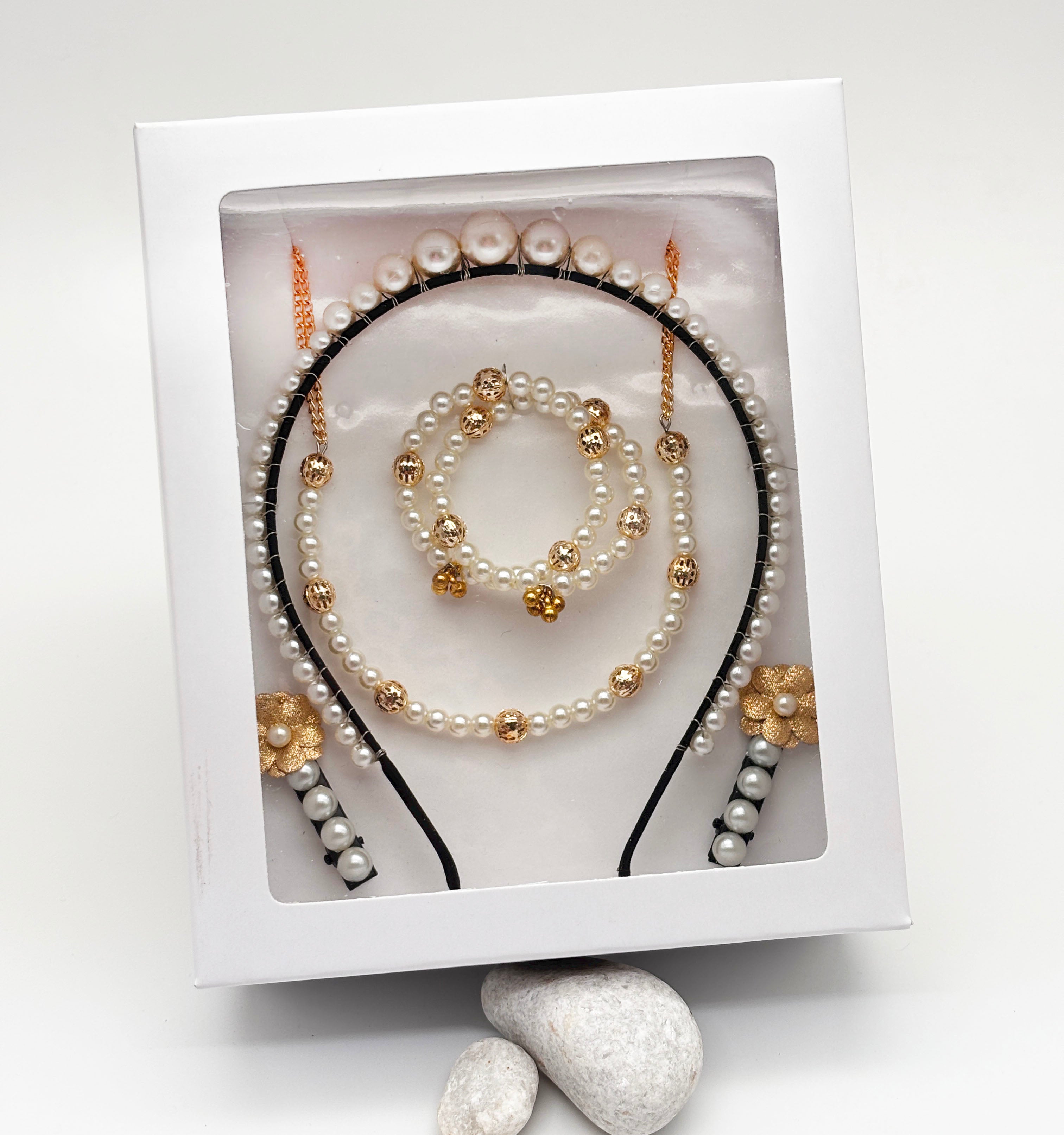 Image of Gift Set Of All Pearls Necklace, 2 Bracelets, Hair Band & a pair of Hair Clips