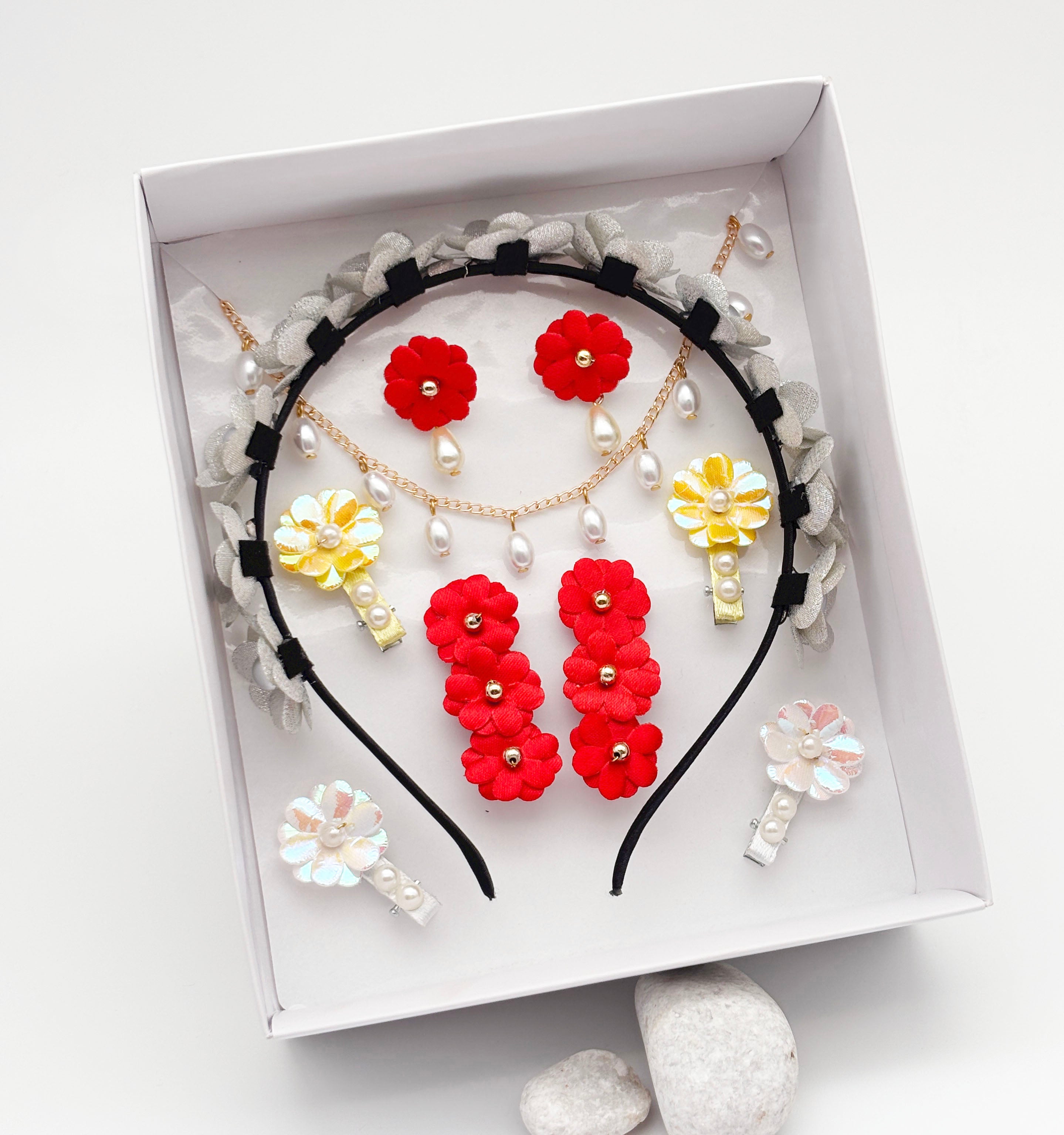 Gift Set Of Floral Tiara Hairband, 3 Pairs of Hair Clips, 1 Pearl Necklace & a pair Of Floral Clip On Earrings