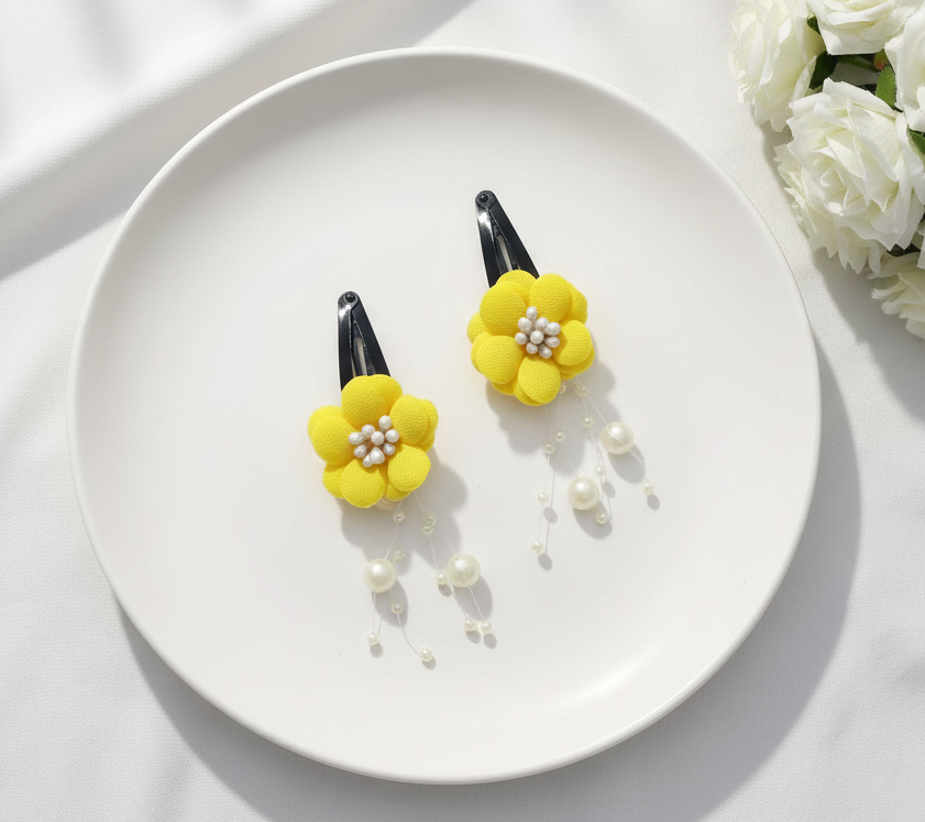 Kids Pearl Dangle Flower Clips - Yellow