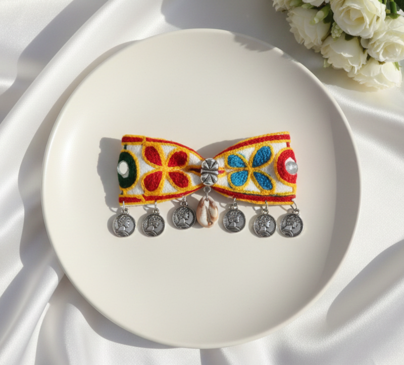 Kids Rangeen Dangling Coins  Bow Clip - Off white, Multicoloured