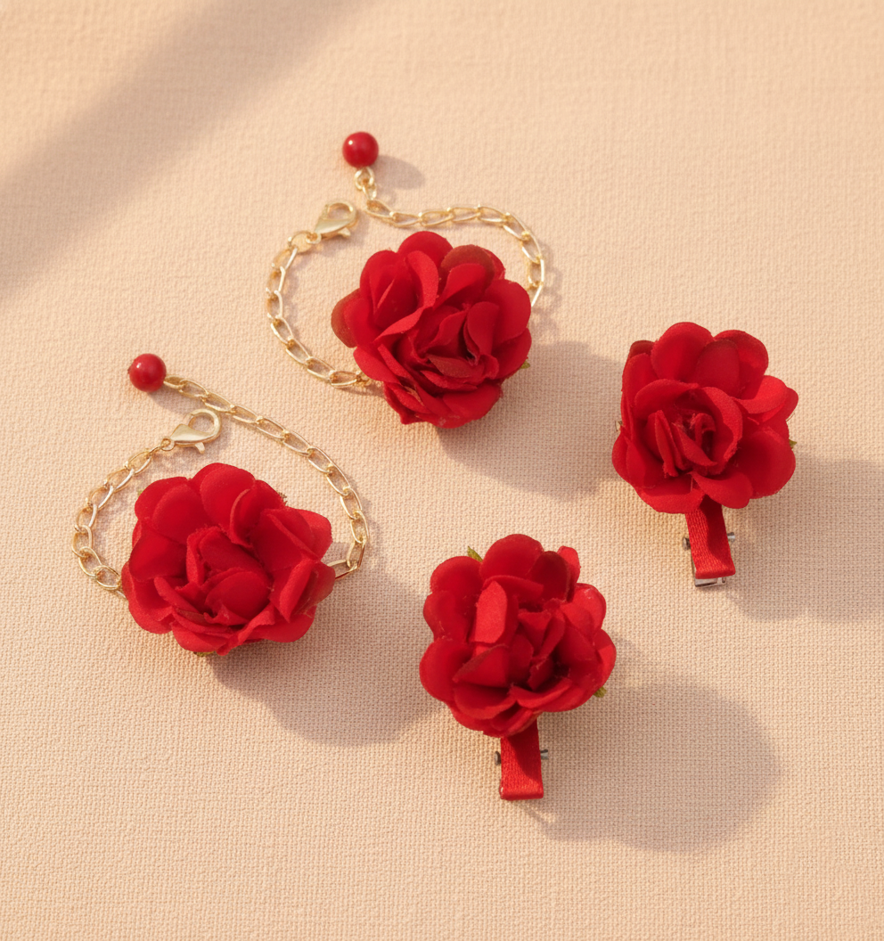 Kids Daisy Baby Floral Alligator Clips & 2 Bracelets Set - Red