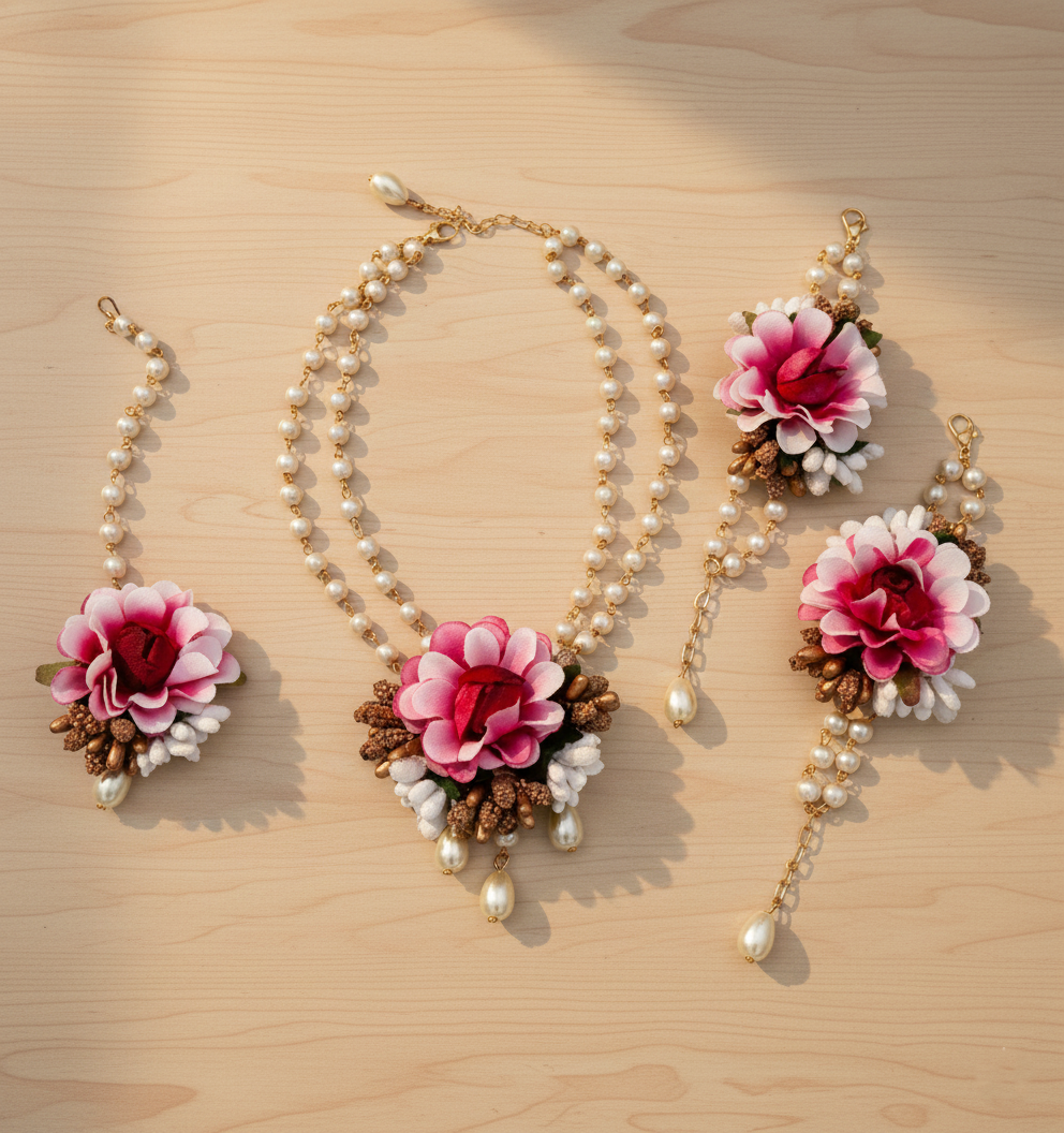 Kids Flower Garden Necklace, 2 Bracelets & Maang Teeka Set - Magenta