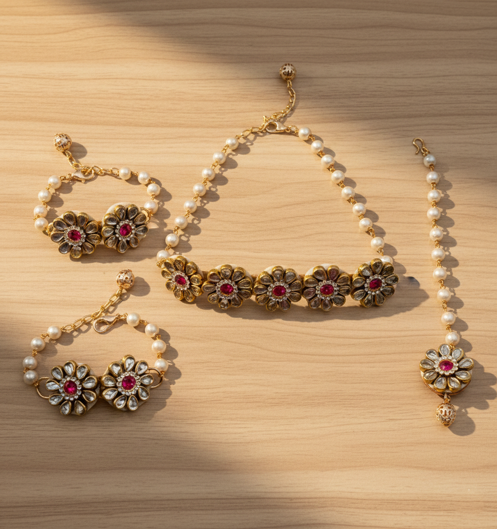 Kids Mrigya Kundan Floral Choker, Bracelets & Maang Teeka Set