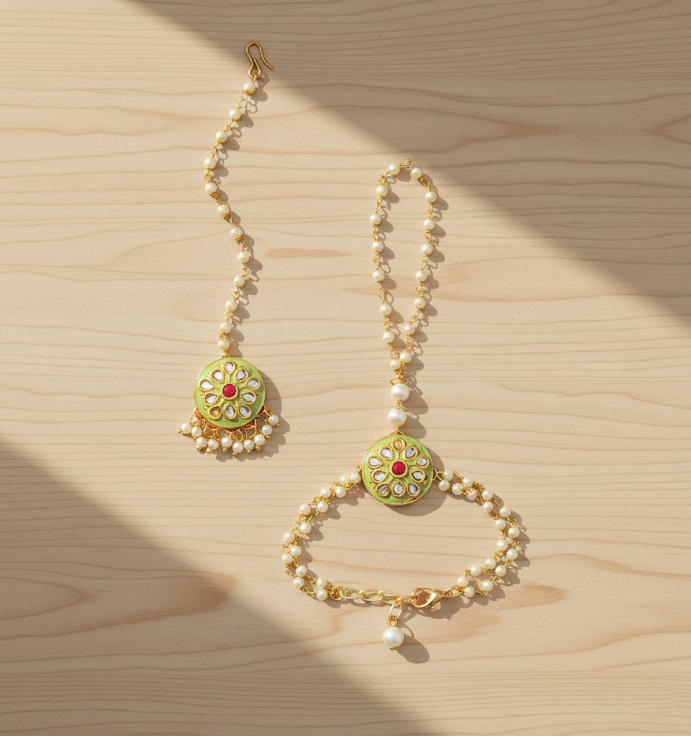 Kids Kundan & Meenakari Haath Phool & Maang Teeka Set