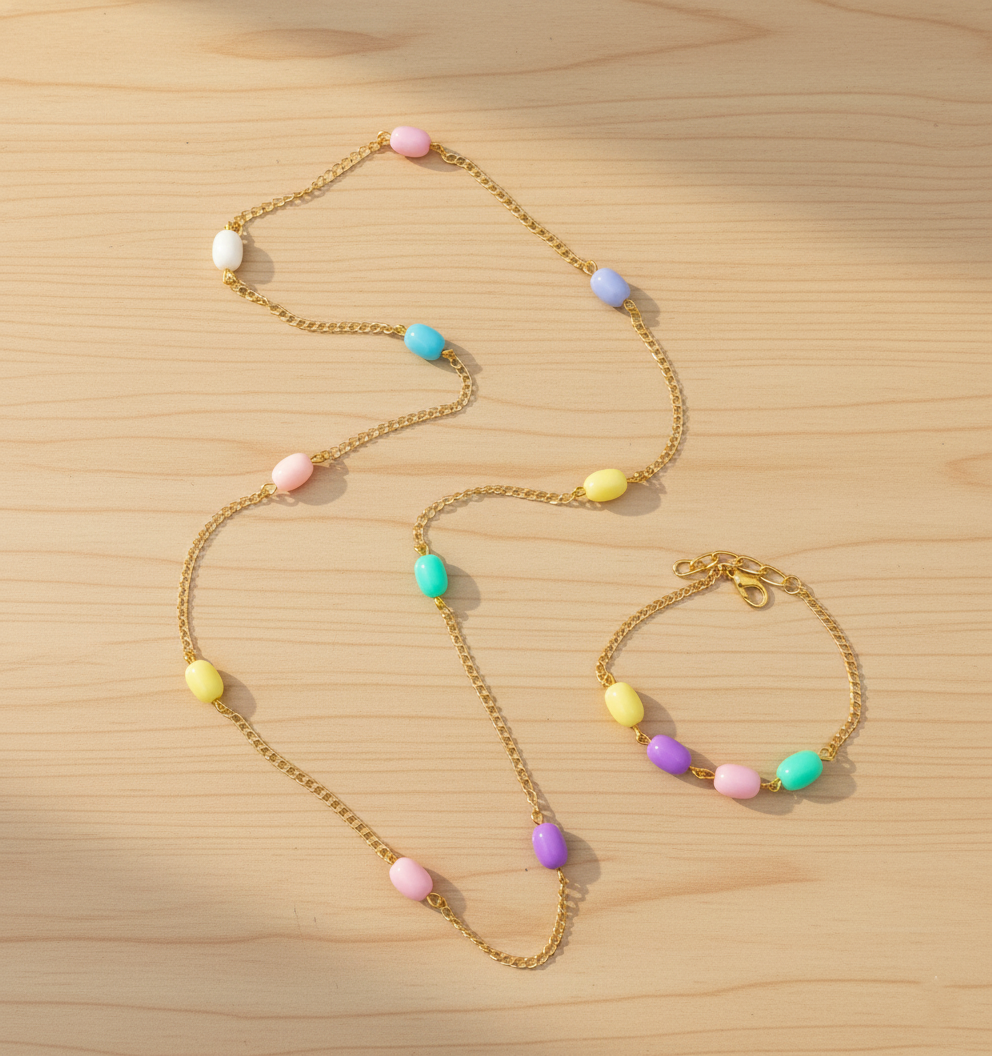 Kids Pastel Beads Neck Chain & Bracelet Set