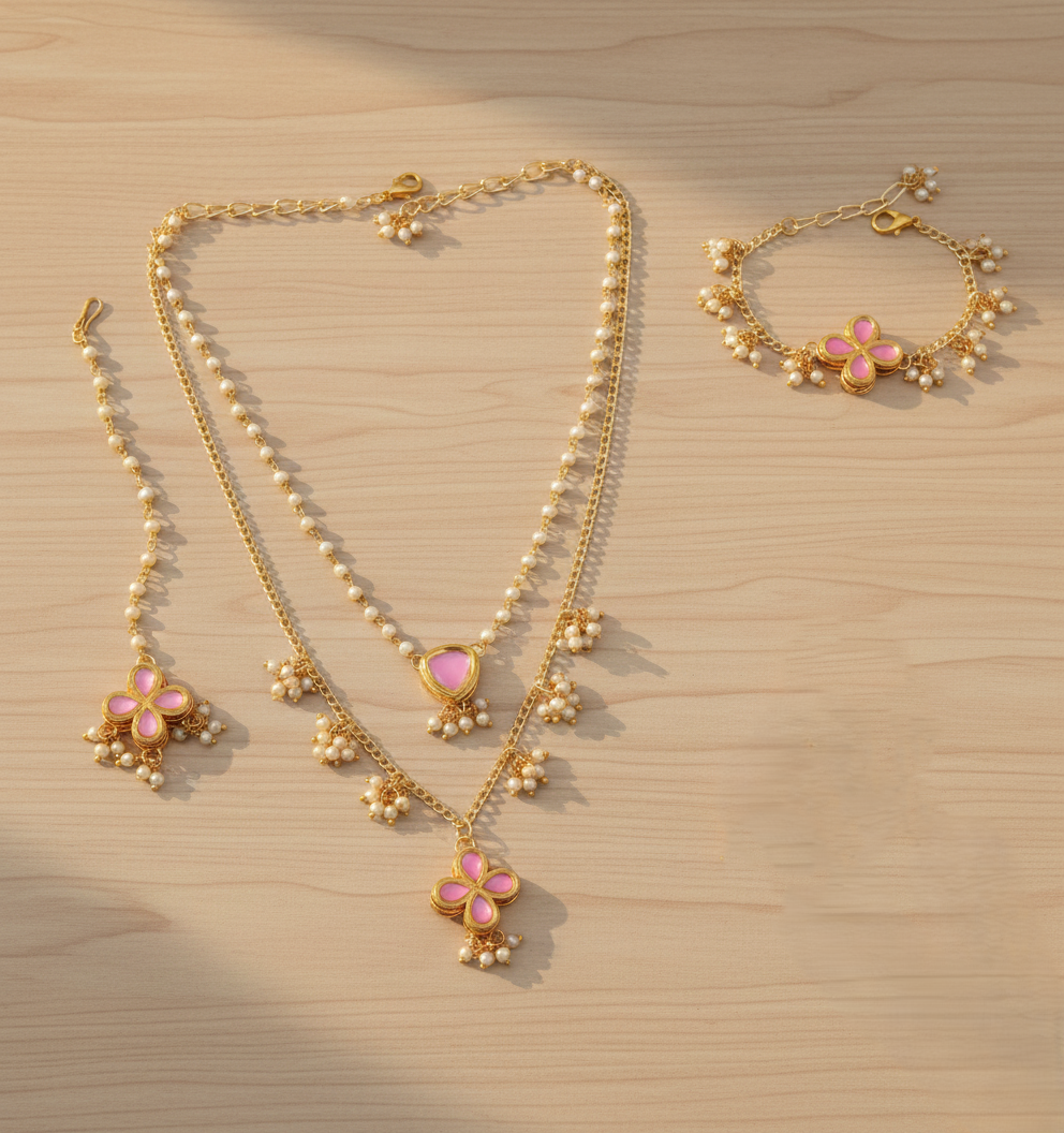 Kids Boondein Layered Kundan & Pearls Necklace, Bracelet & Maang Teeka Set