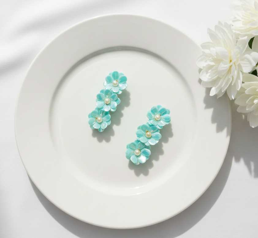 Kids Glam Floral Hair Clips - Aqua Blue