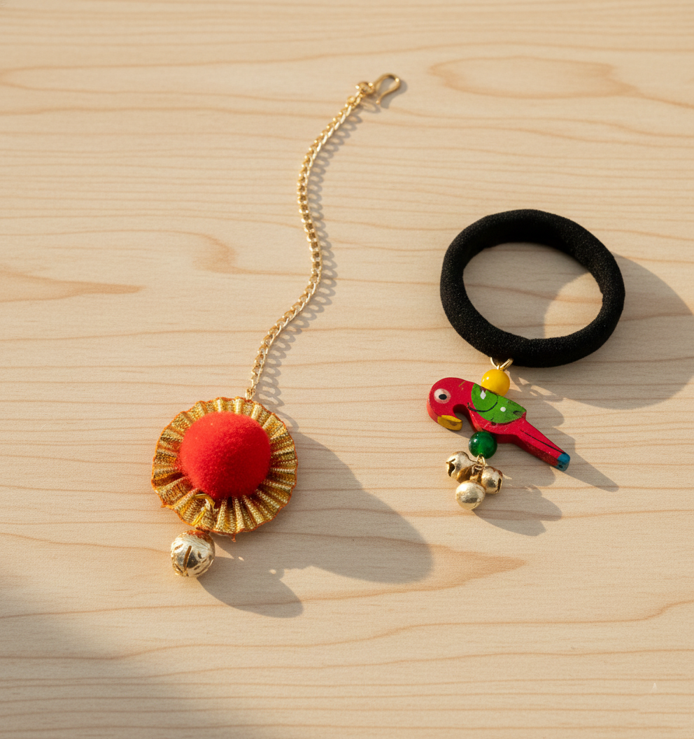 Pom Pom & Parrot Detailed Maang Teeka & Rubber Band Set (Red)