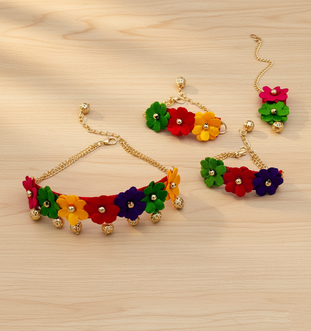 Kids Lavanya Floral Necklace, 2 Bracelets & Maang Teeka Set - Multicolor