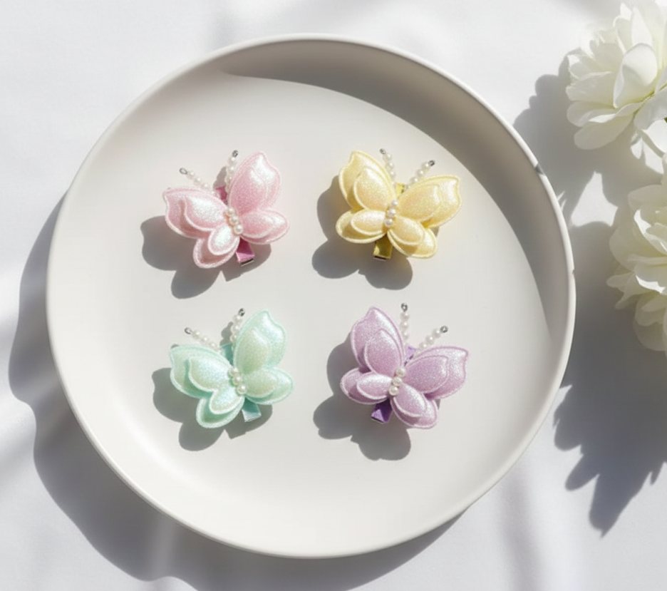 Kids Pearls & Butterfly Applique Baby Clips