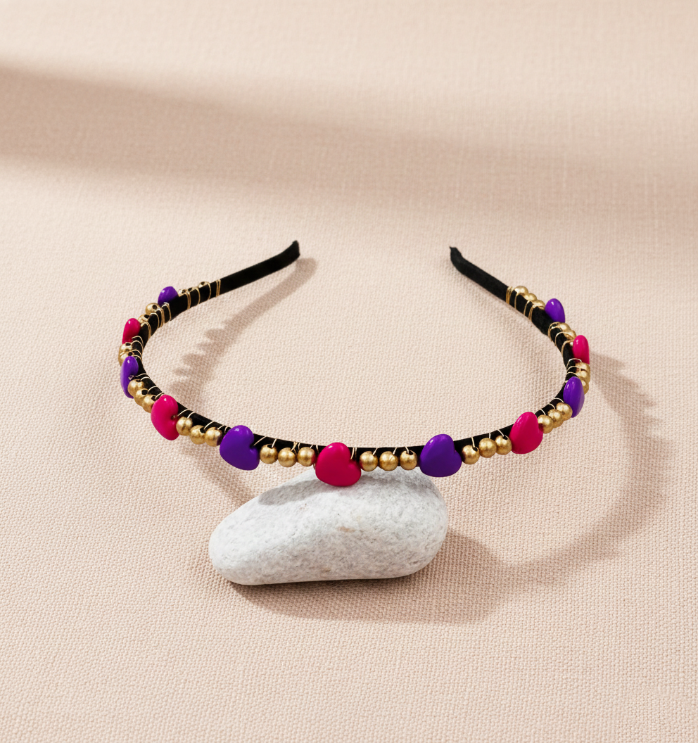 Kids Glam Heart Beads Detailed Hairband - Purple