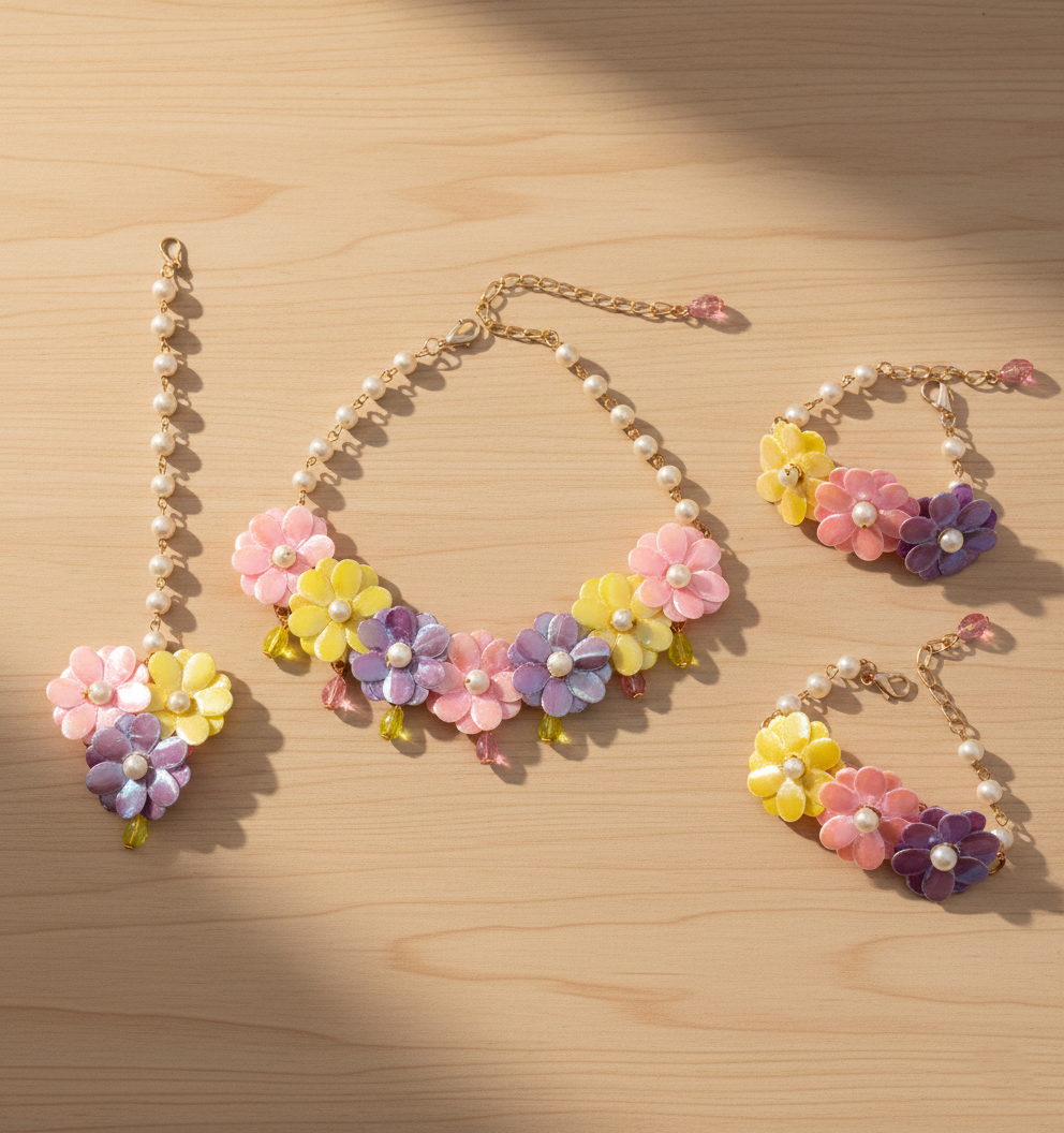 Kids Glam Floral Necklace, Bracelets & Maang Teeka Set