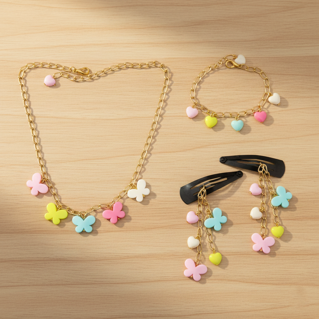 Kids Butterfly Charms Necklace & Bracelet & Dangling Clips Set