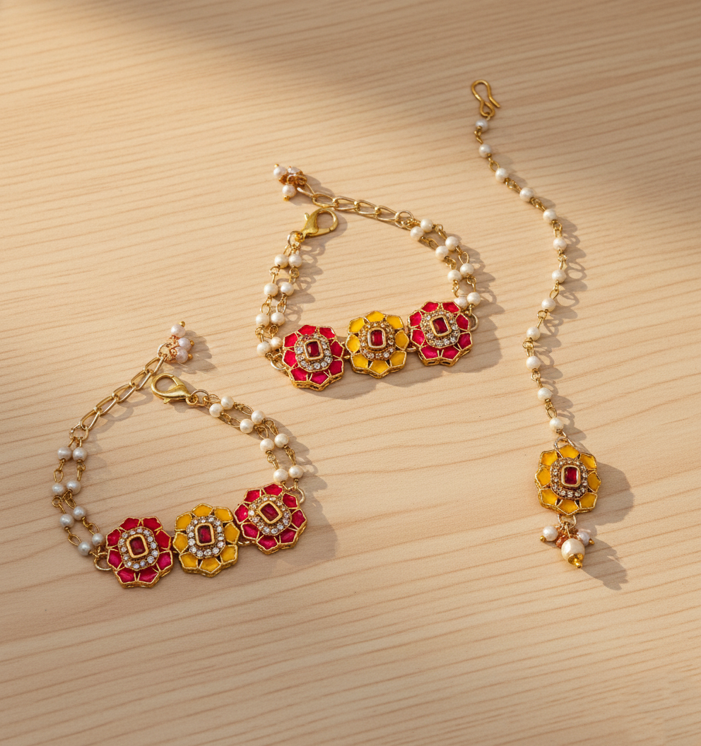 Kids Meenakari & Kundan Bracelets & Maang Teeka - Yellow & Dark Pink