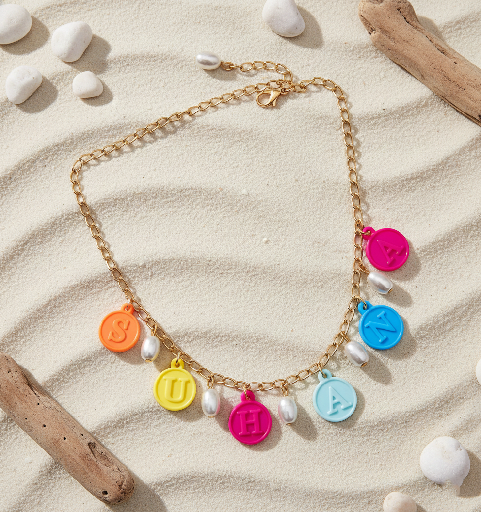 Image of Kids Pearl & Name Charms Detailed Necklace - Multicoloured