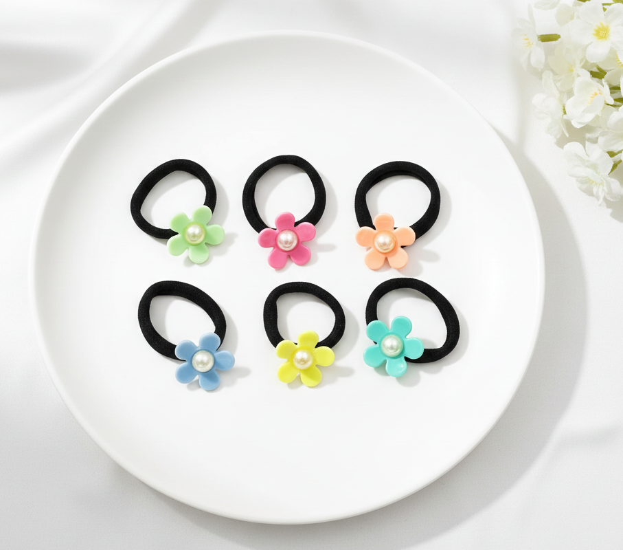 Kids Set Of 6 Flower & Pearl Applique Rubberbands
