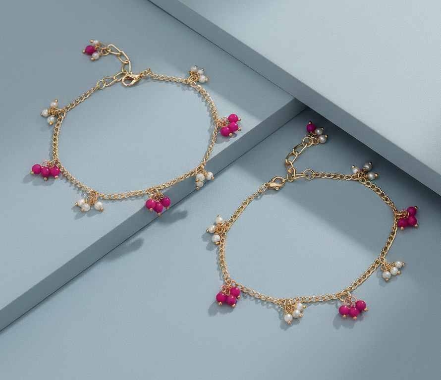 Kids Leheriya Kum-Kum Dangling Bead Anklets - Magenta