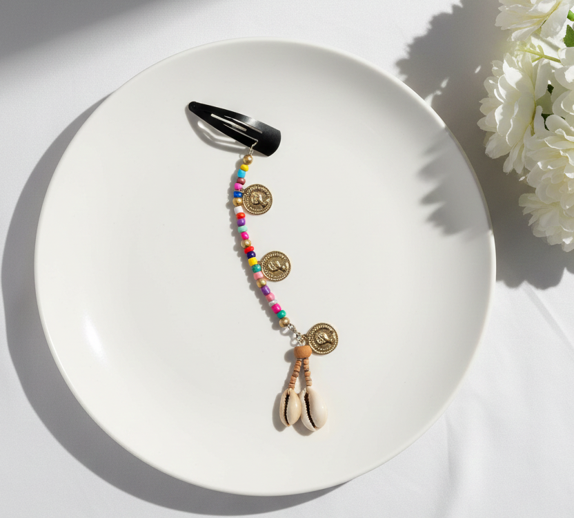 Kids Navratri Dangling Beads Shell & Coin Detailed Hair Clip - Multi Colour