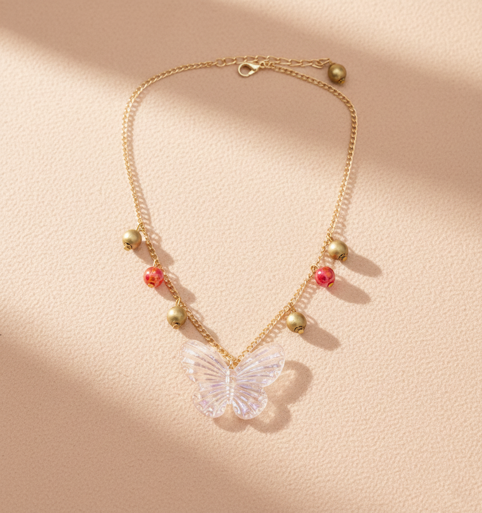 Kids Butterfly Pendant Necklace - Coral