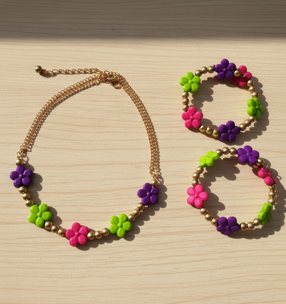 Kids Flower Beads Detailed Necklace & 2 Bracelets Set (Green)