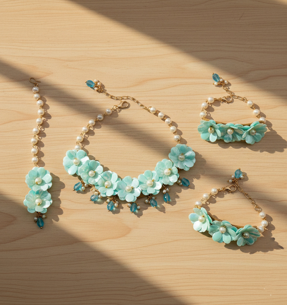 Sadabahar Glam Floral Necklace, 2 Bracelets & Maang Teeka Set - Aqua Blue