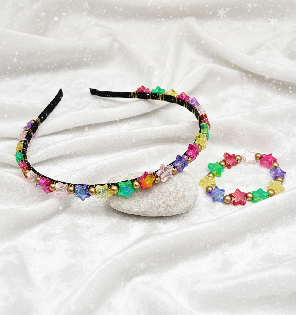 Kids Star Beaded Hair Band & Bracelet Set- Multicoloured