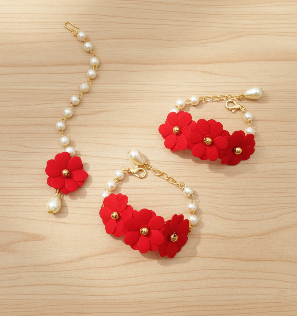 Kids Gul Floral Bracelets & Maang Teeka Set - Red