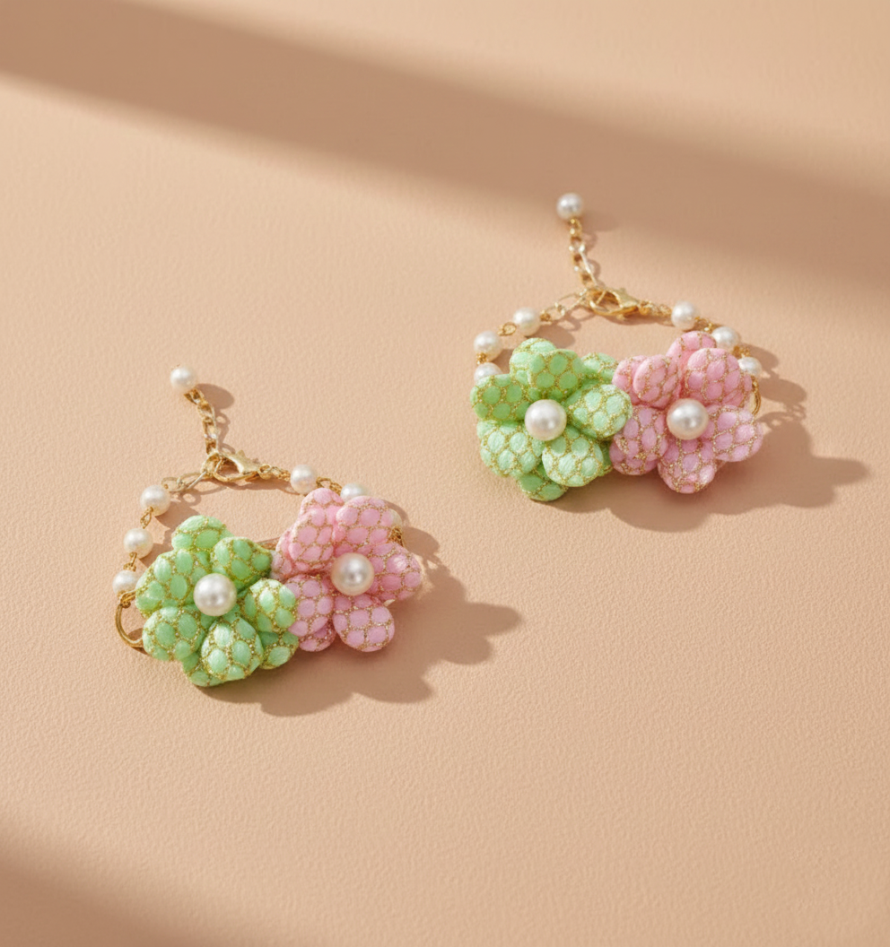 Kids Sayuri Set Of 2 Floral Bracelets - Light Green