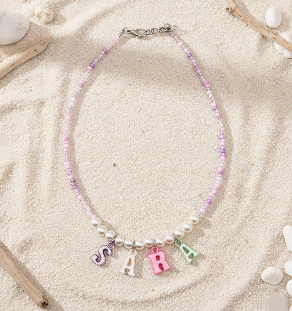 Kids Seed Beaded Personalised Name Charms Pastel Necklace- Multicoloured