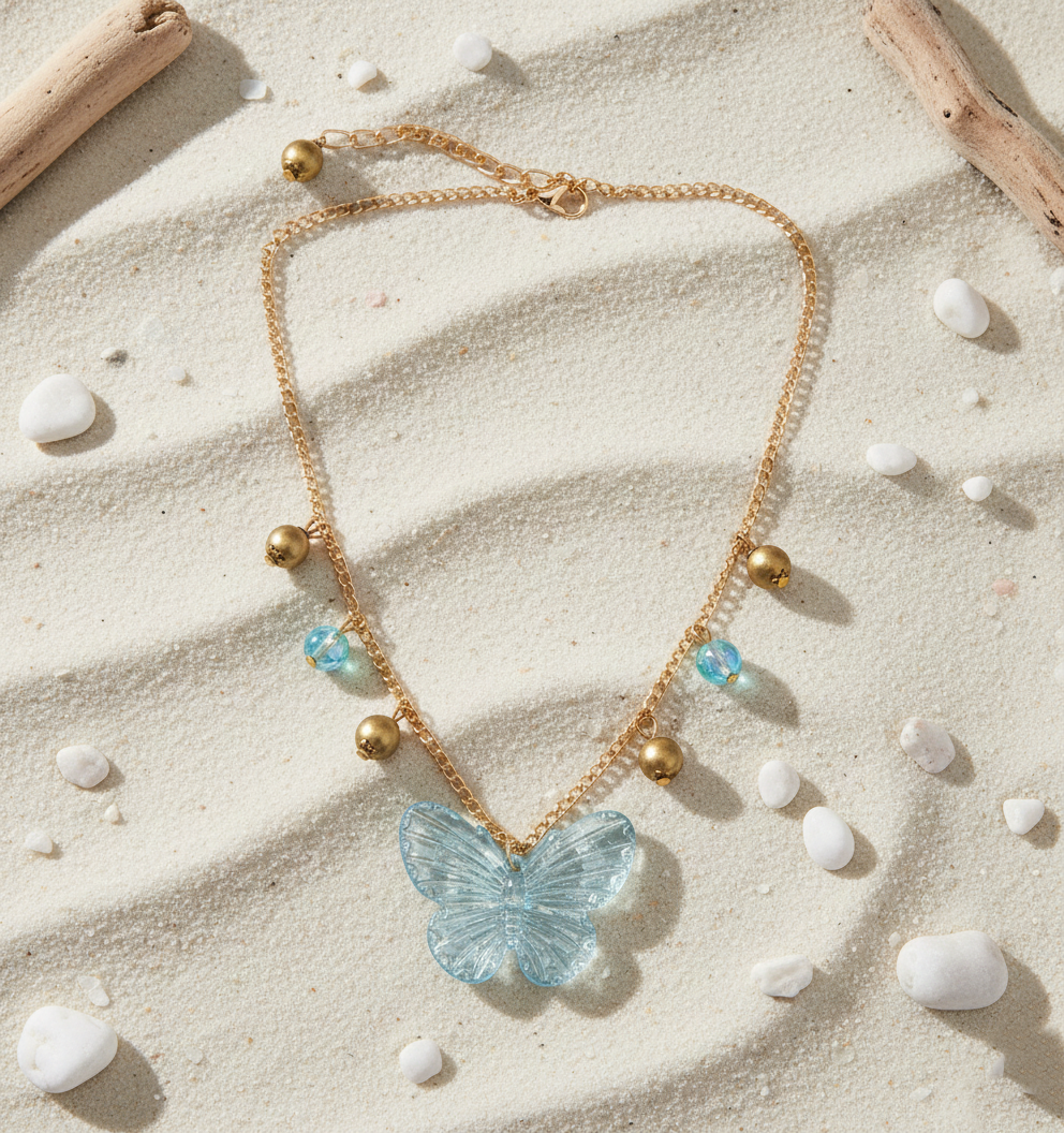 Kids Butterfly Pendant Necklace - Light Blue