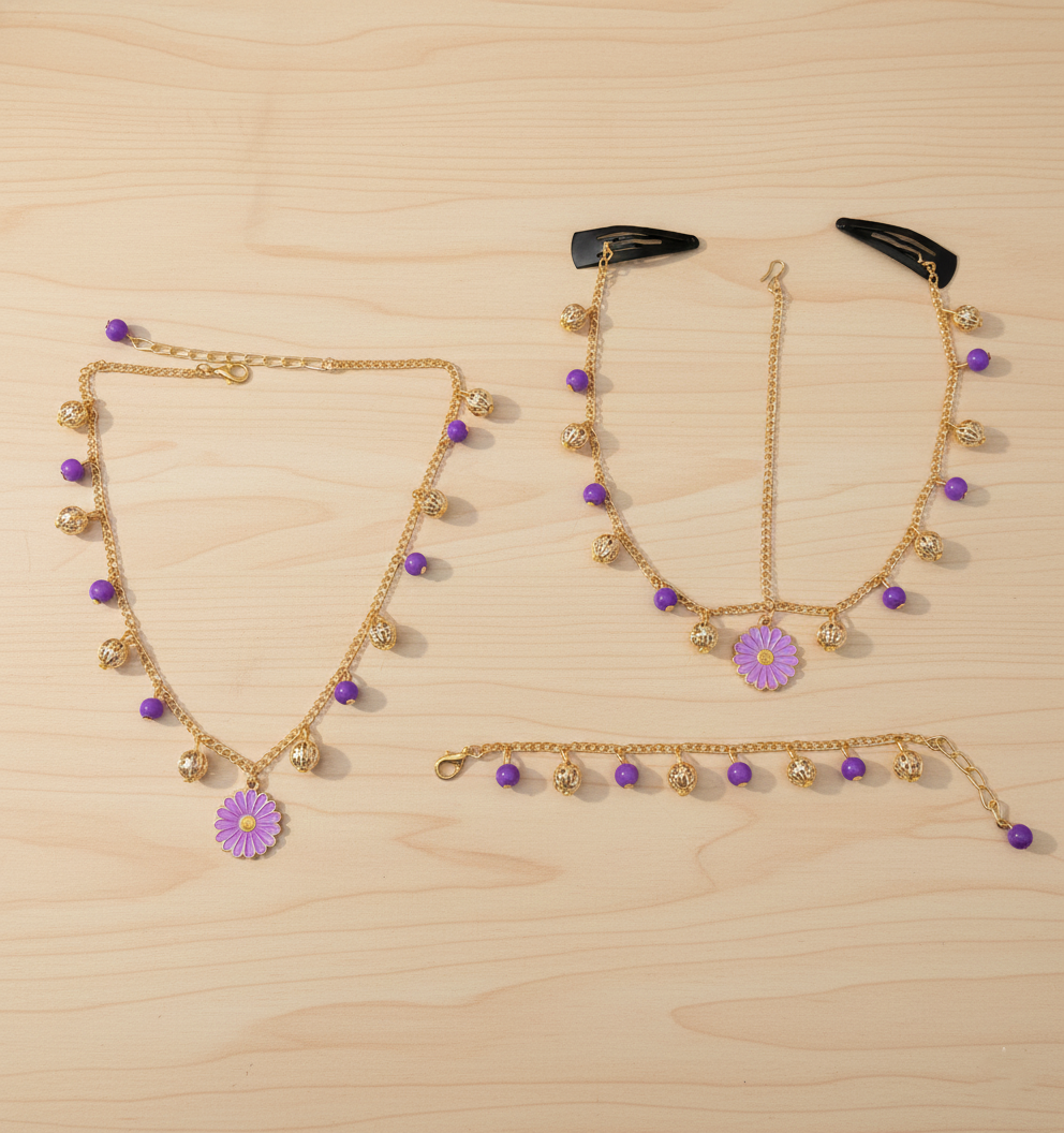 Kids Daisy Charms Necklace, Bracelet & Head Chain Set