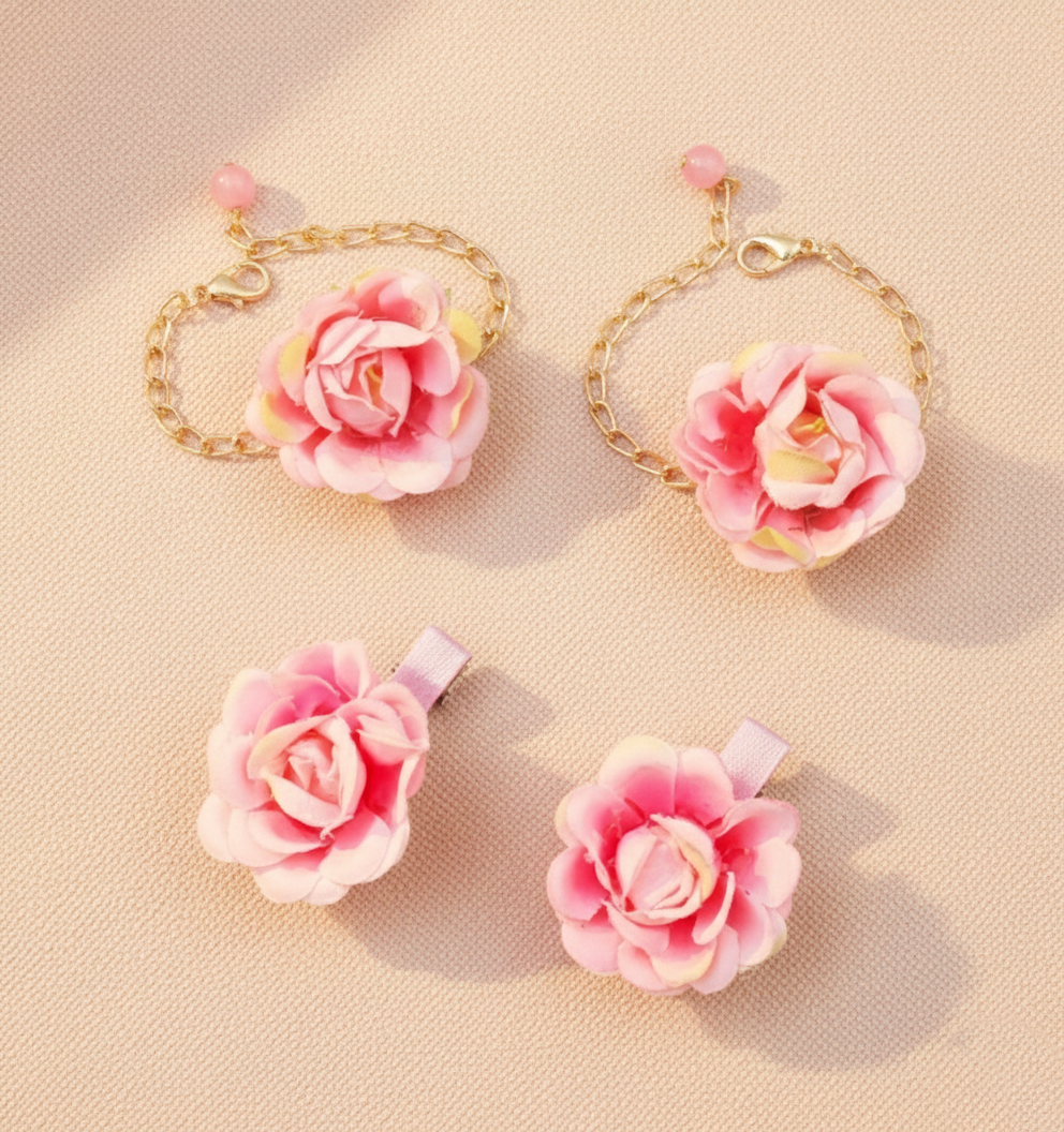 Kids Daisy Baby Floral Alligator Clips & 2 Bracelets Set - Pink