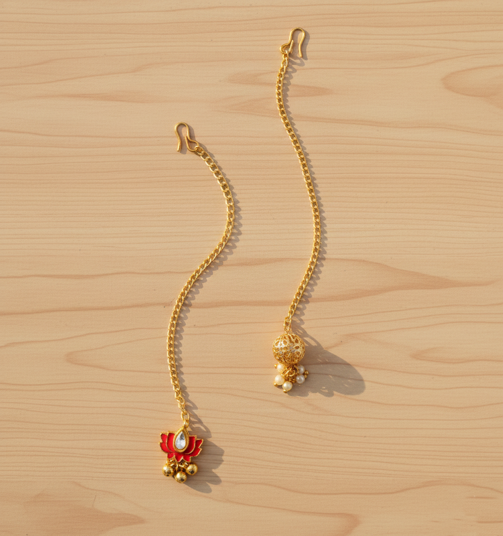 Lotus & Bead Detail Set Of 2 Maang Teekas- Red
