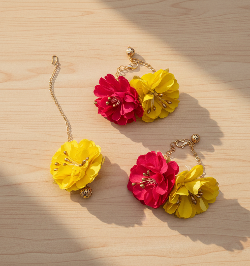 Kids Peehu Floral Bracelets & Maang Teeka Set (Yellow)